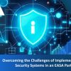 An infographic illustrating the challenges of implementing Information Security Management Systems (ISMS) within EASA Part 145 organizations. It highlights key concerns such as cybersecurity skill gaps, integration complexity with existing Safety Management Systems (SMS), organizational accountability, third-party risks, and the disproportionate burden on smaller maintenance providers.