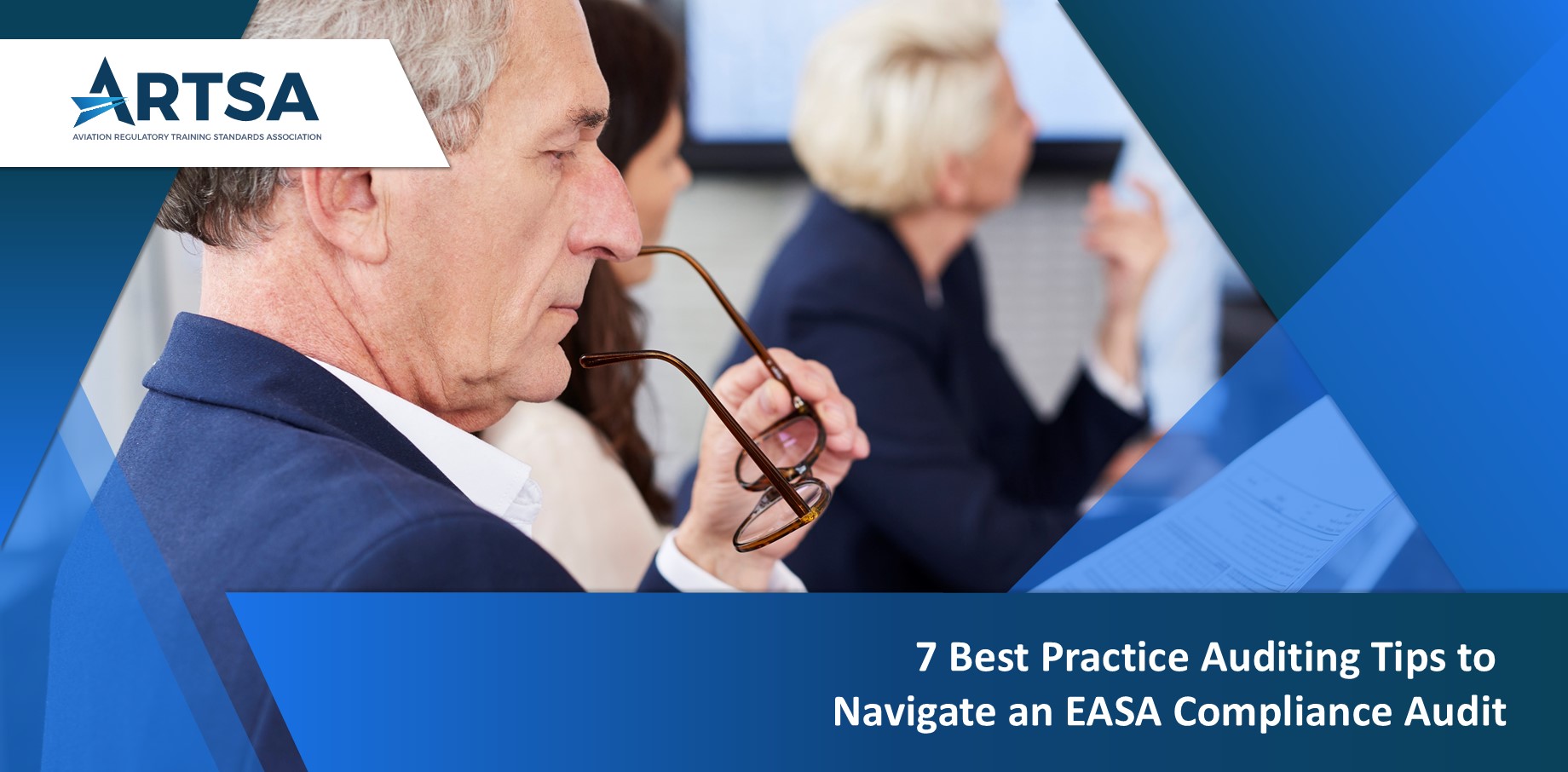 Illustration of an aviation compliance audit in progress, with an auditor reviewing documentation and engaging in discussion, highlighting the shift from checklist-based auditing to a deeper evaluation of organizational effectiveness and safety culture under EASA standards.